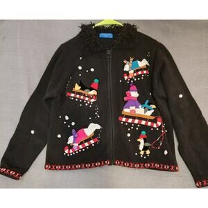 Karen‎ Scott Ugly Christmas Sweater Black Polar Bears Penguins Zip Front Size LP